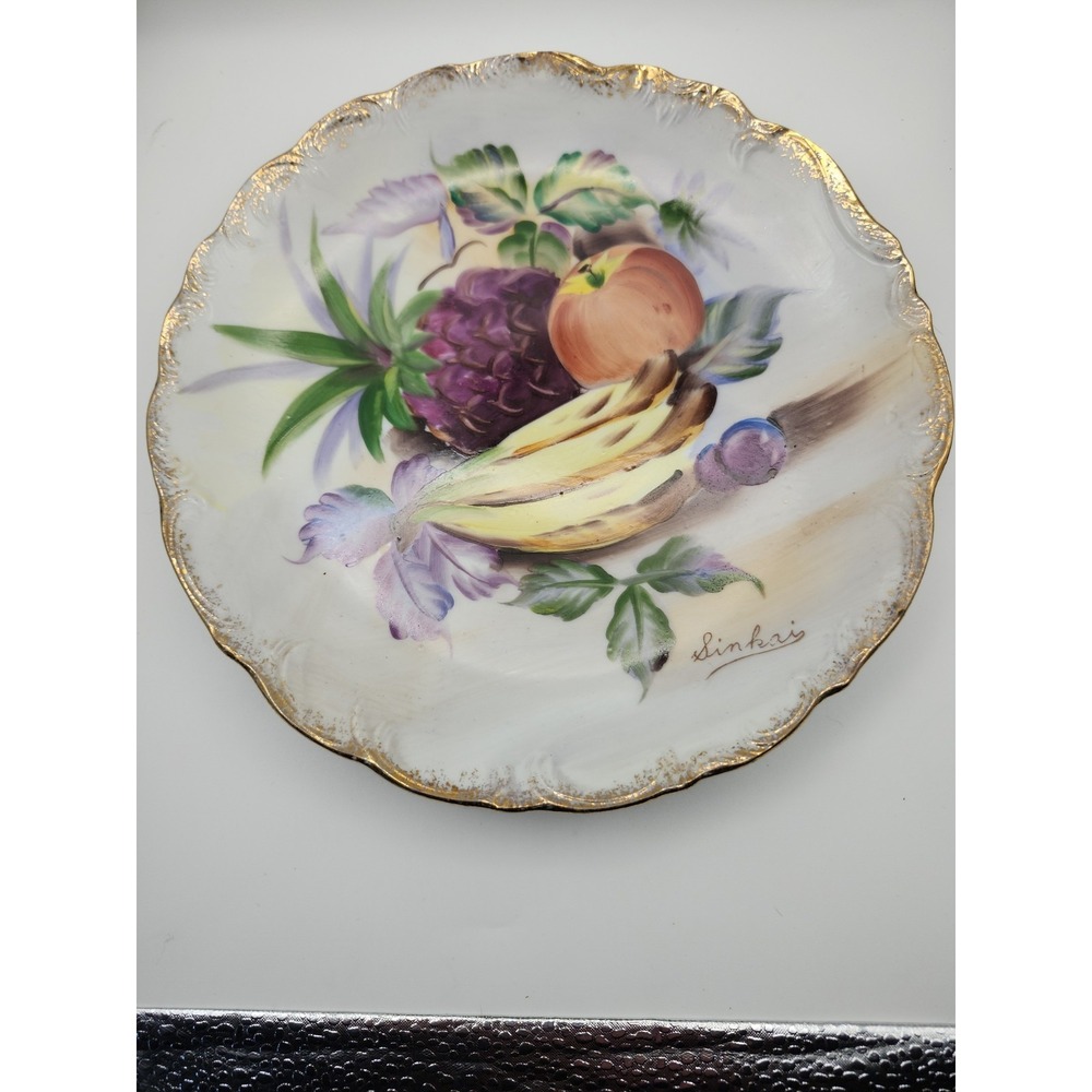 Ucagco Japan Fruit Plate Signed by Sinkai, Hand Painted, Gold Rim, Vintage 1960s